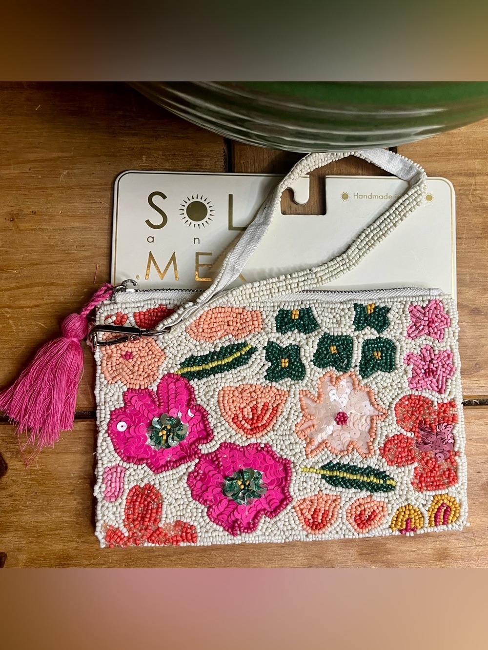 NWT Sol and Mer Beaded Floral Wristlet Clutch - Pink & Ivory